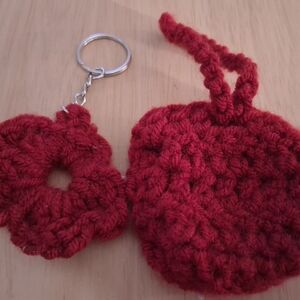 Handmade Red Crochet Keychain Set With Airpod Case